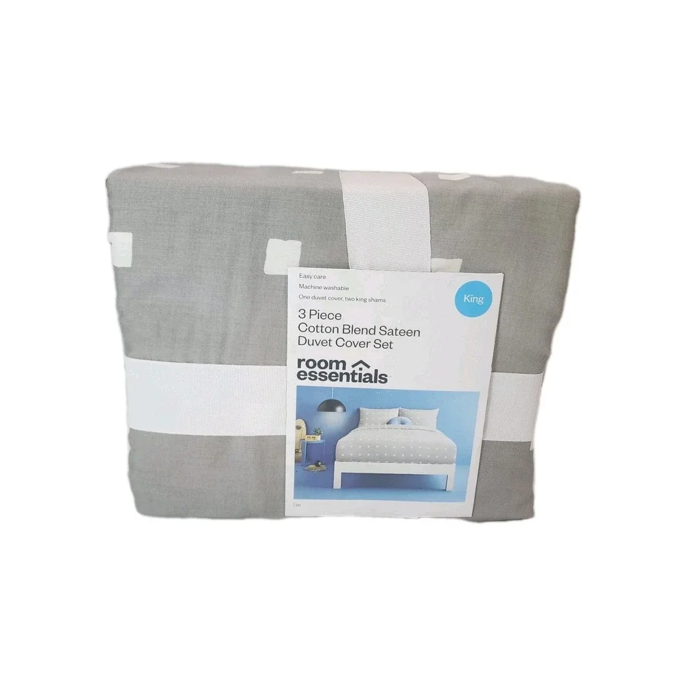 King 3Pc Duvet Cover & Sham Set Cotton Blend Sateen Light Gray/White Dot